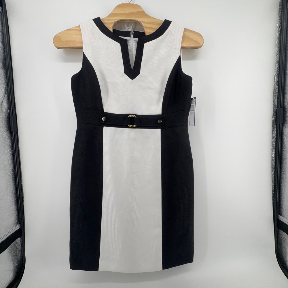 Tahari Arthur S Levine Ellen Colorblock Sheath Dress White Black Size 16‎ NWT